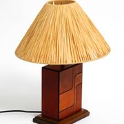 Italian 60s table lamp made of wood and leather with paper straw lampshade