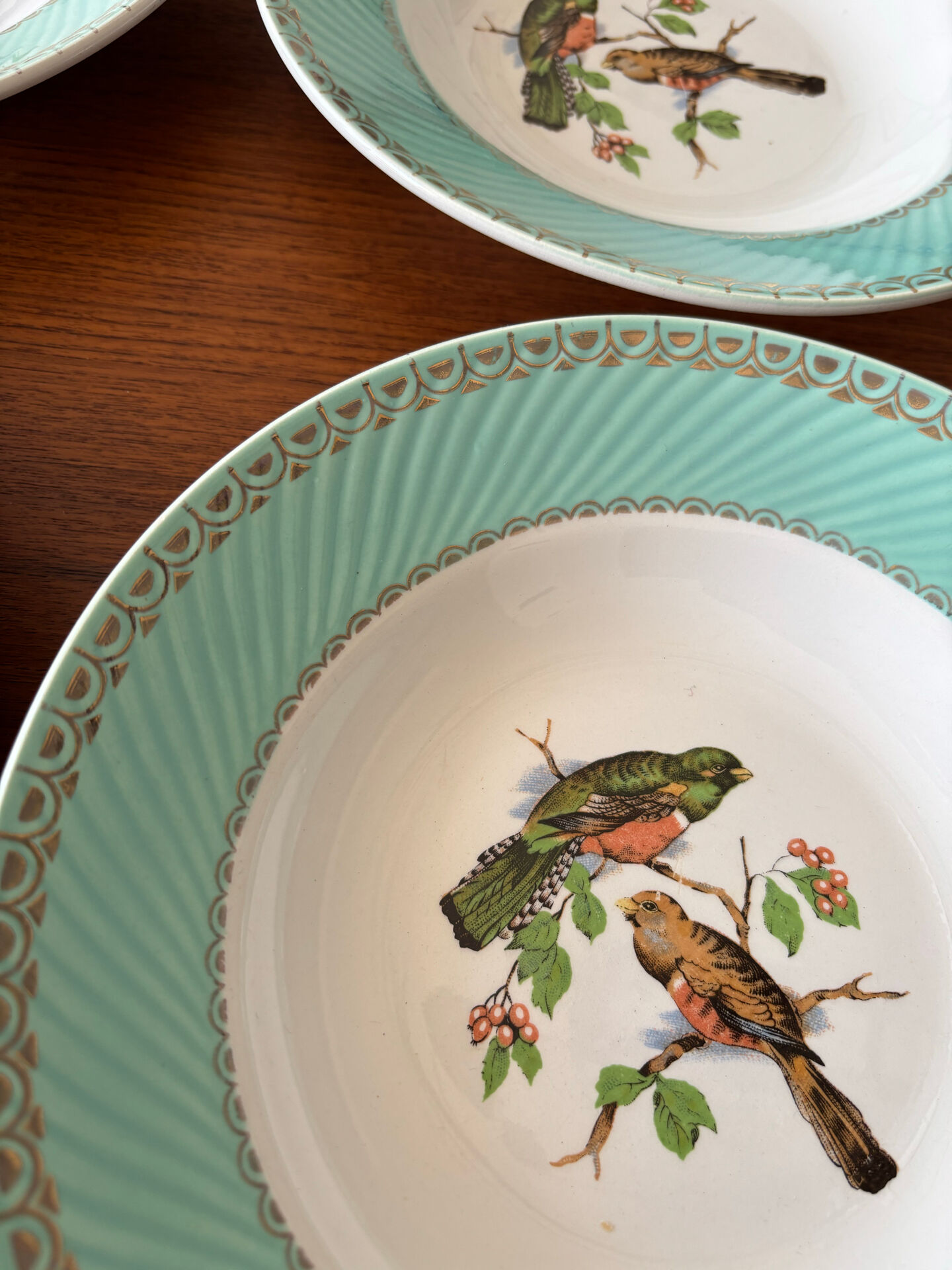 Set of 4 vintage deep plates in earthenware • Bird and leaf decoration