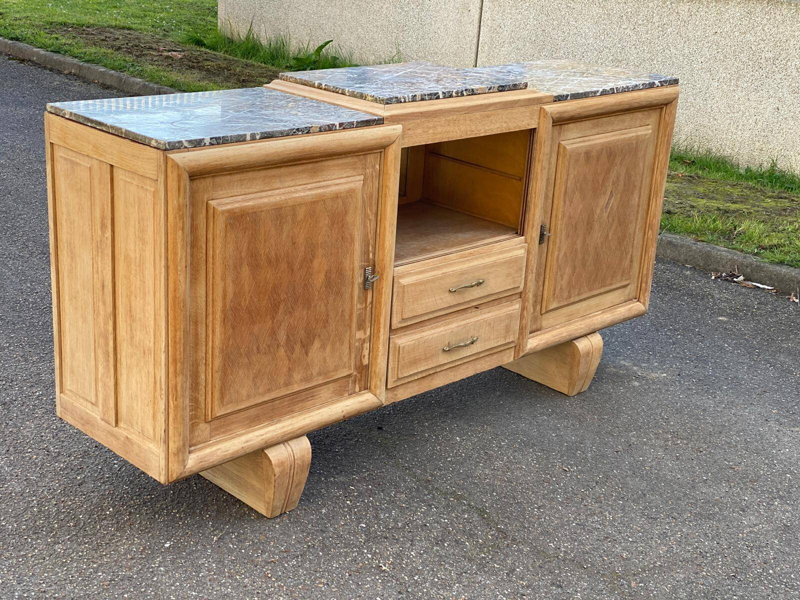 Renovated art deco sideboard in raw solid oak and gray marble 200cm