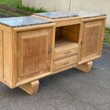 Buffet enfilade art déco rénovée en chêne massif brut et marbre gris 200cm