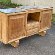 Renovated art deco sideboard in raw solid oak and gray marble 200cm