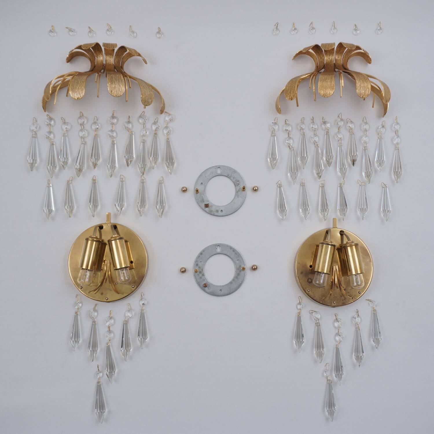 Palwa crystal pair wall lights sconces by Ernst Palme, brass pineapple, 1960`s, German
