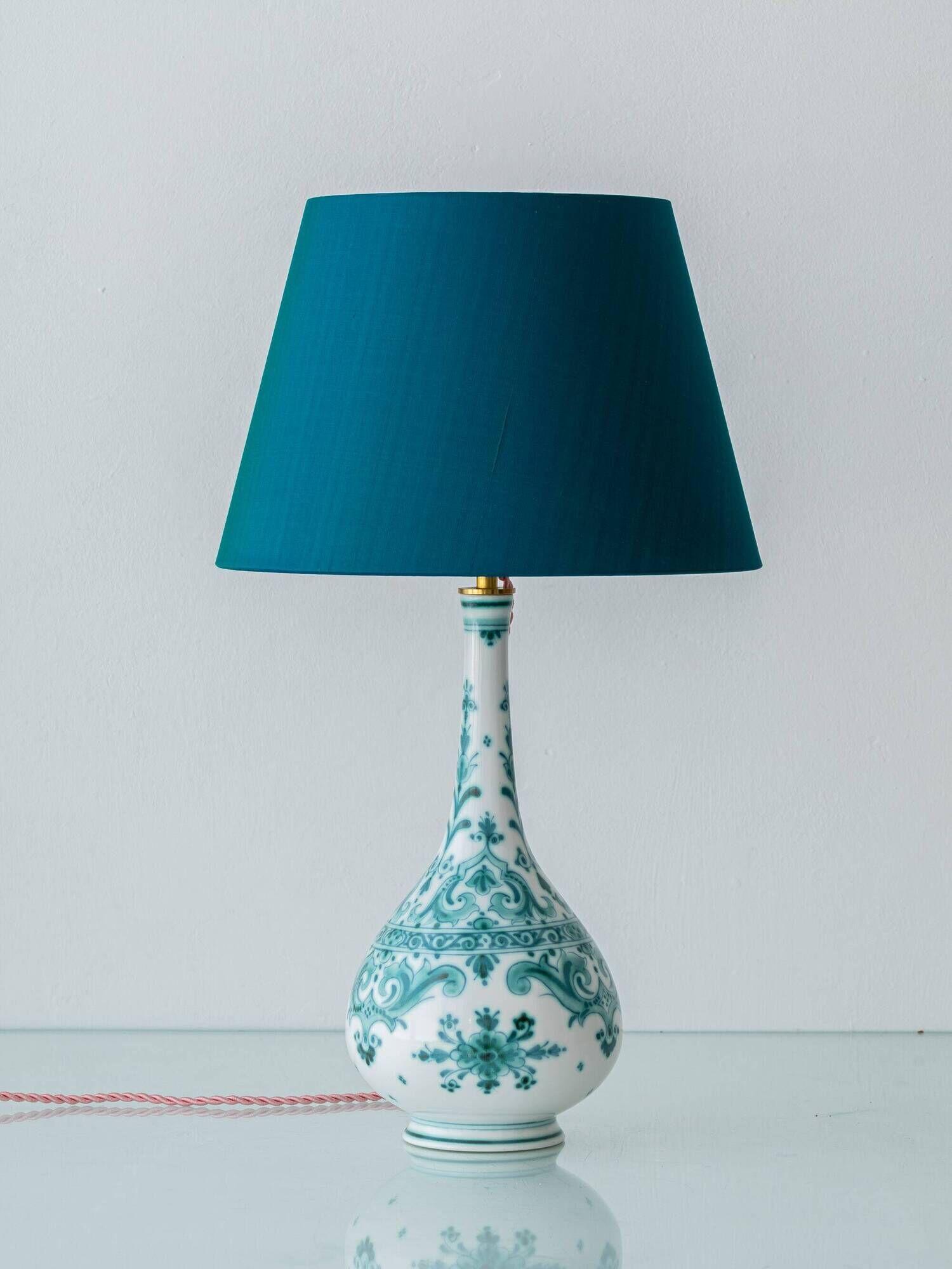 Vintage Royal Delft Ceramic Table Lamp, Rare Teal Delvert Glaze, New Lampshade