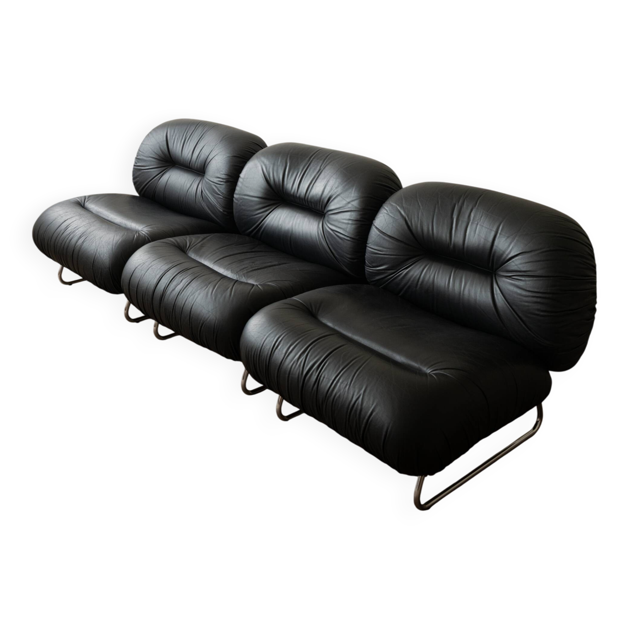 Italian Leather and Chrome Lounge Chairs, 1980s, Set of 3