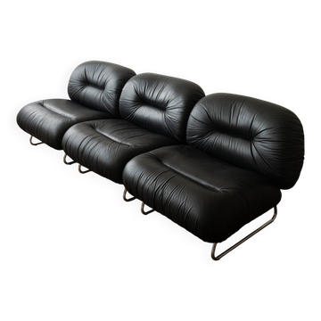 Italian Leather and Chrome Lounge Chairs, 1980s, Set of 3
