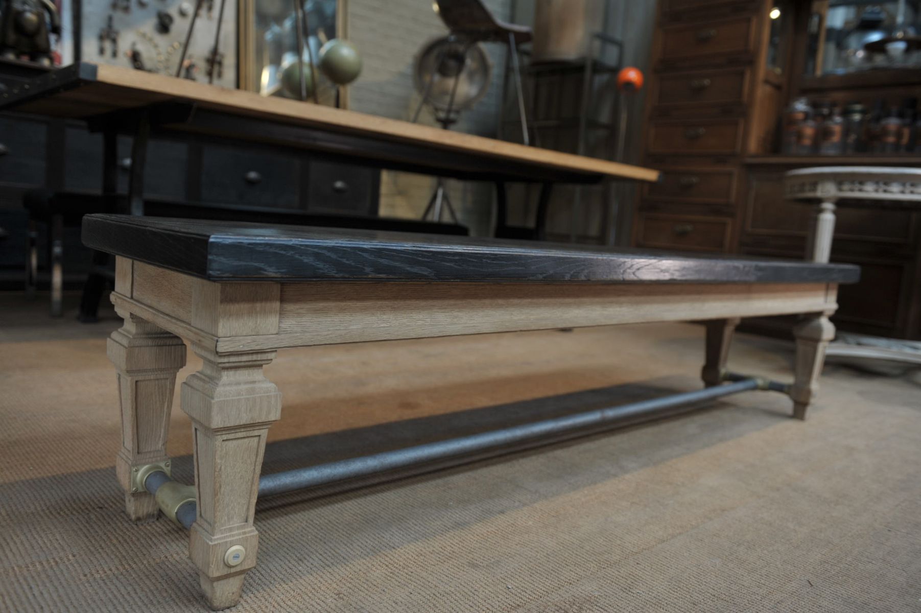 Ancient bench in solid oak and french bank brass