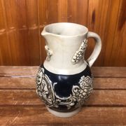 Old alsace ceramic pitcher gray blue vintage vines decor