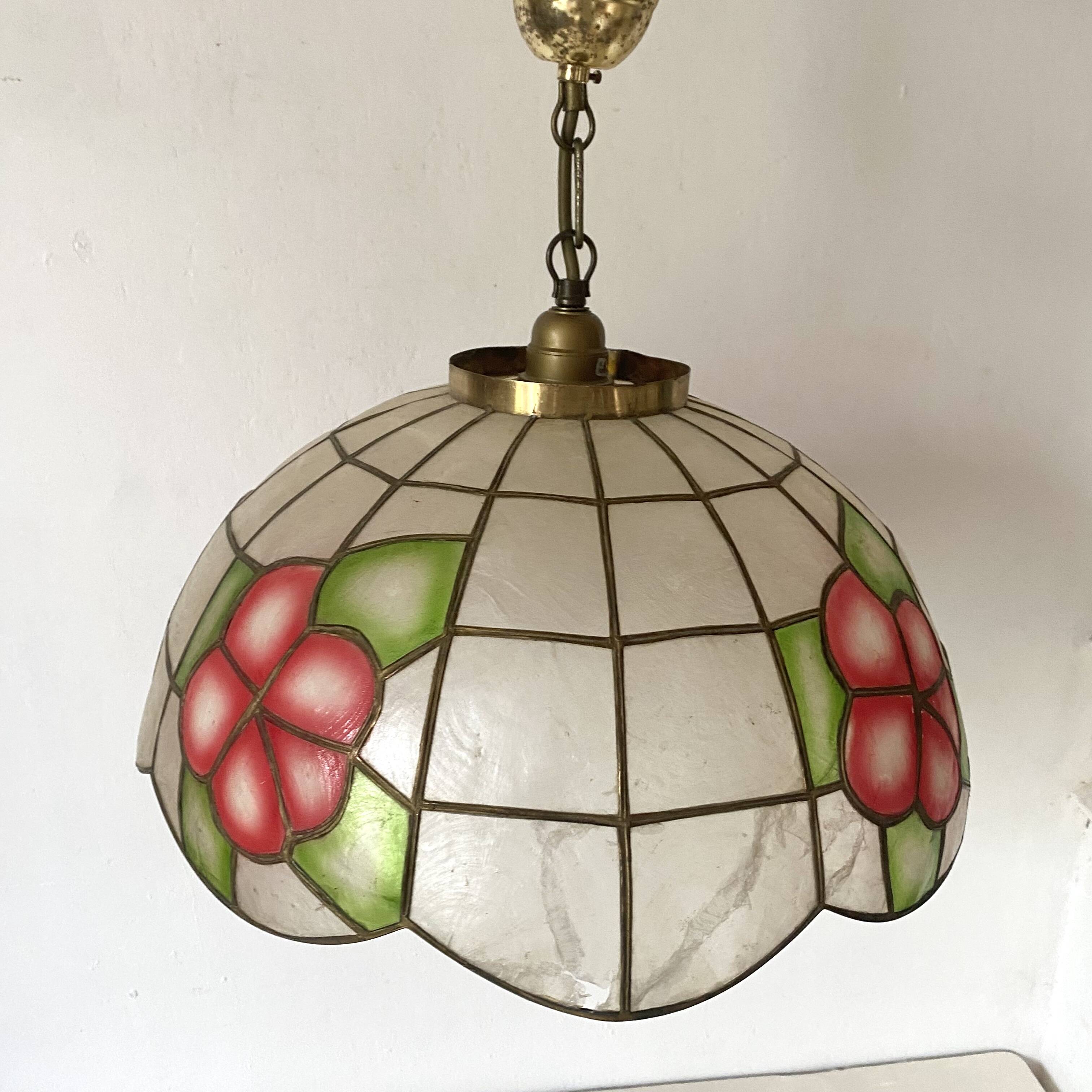 Vintage mother-of-pearl and brass flower pendant light