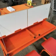 Vintage orange double school desk with its 2 matching chairs.