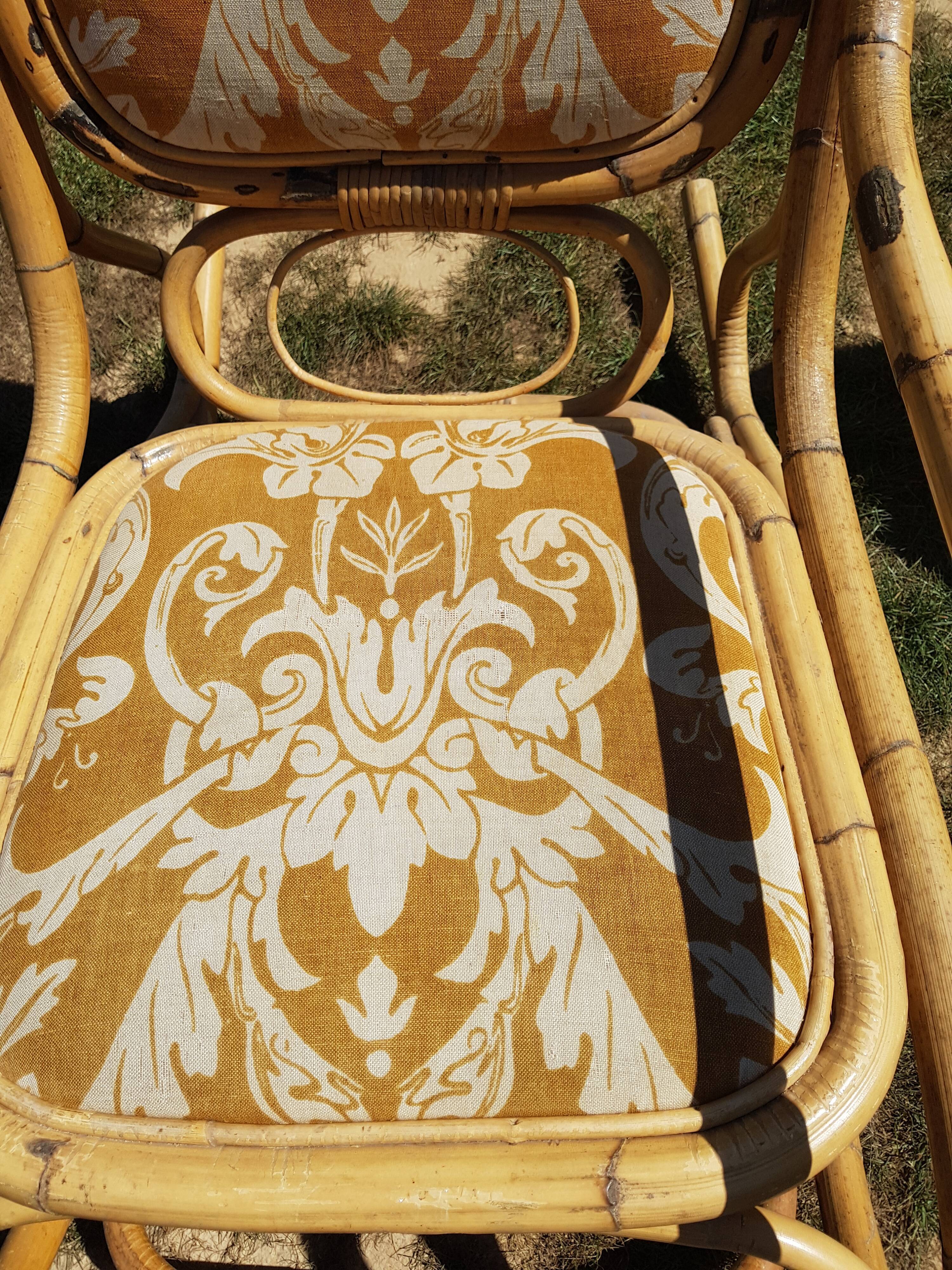 Set of 2 bamboo rocking chairs, yellow fabric with arabesques