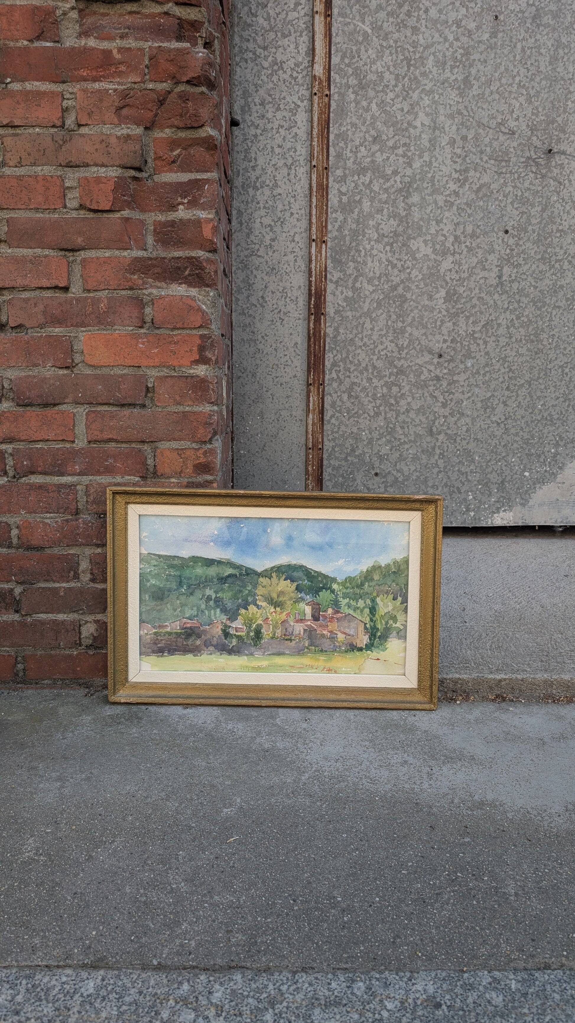 Vintage watercolor – Village at the foot of the hills