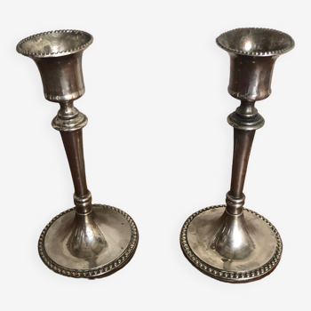 Old pair of silver metal candlesticks vintage pearl rank