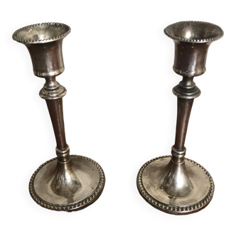 Old pair of silver metal candlesticks vintage pearl rank