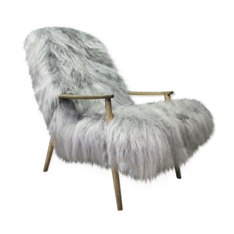 Vintage Antique Art Deco Grey Sheepskin Fluffy Bentwood Chair Armchair