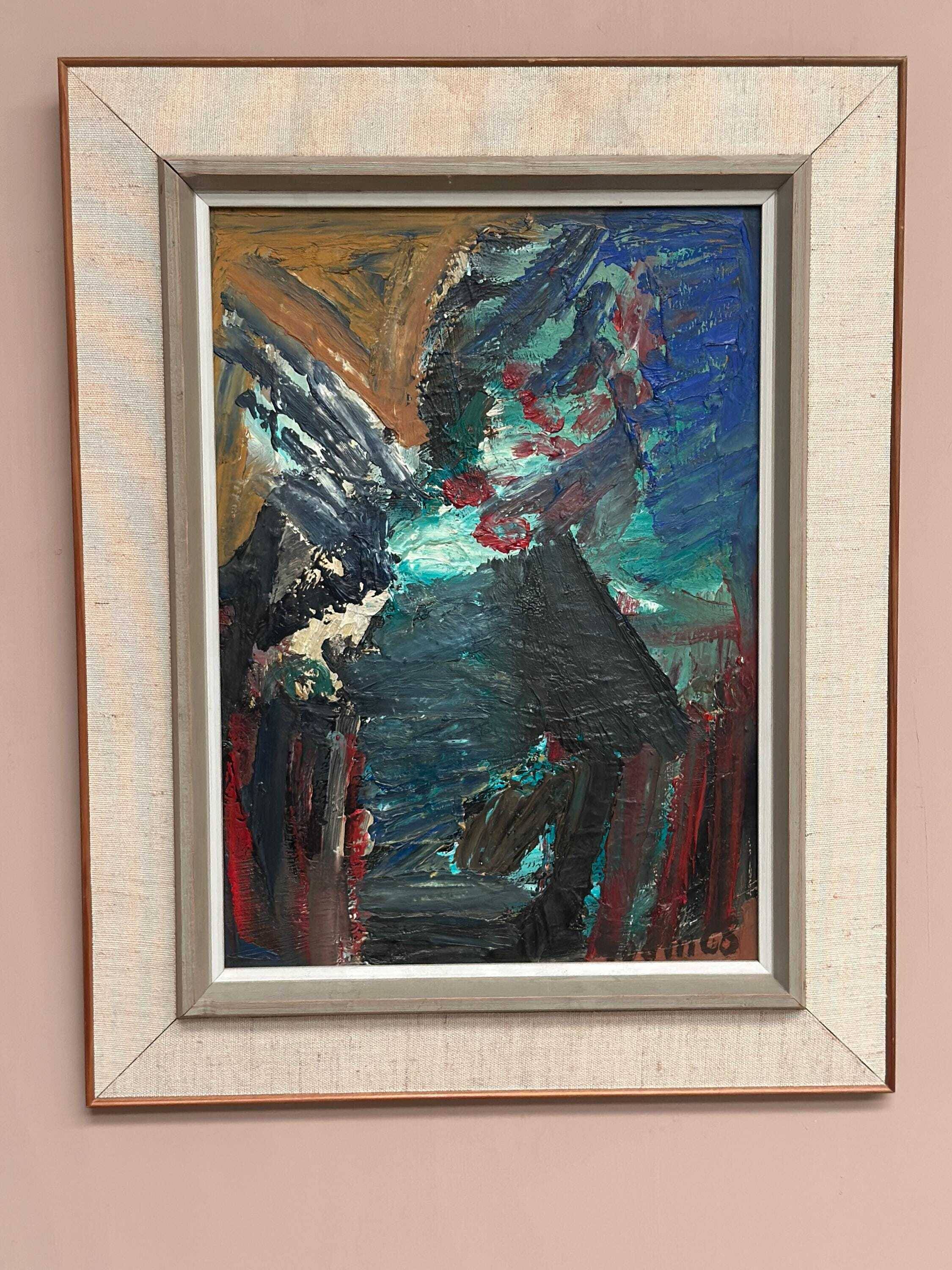 Huile sur panneau suédoise d'époque mi-siècle – « Motif abstrait » par Ragnar Godin – 68 vintage et encadrée