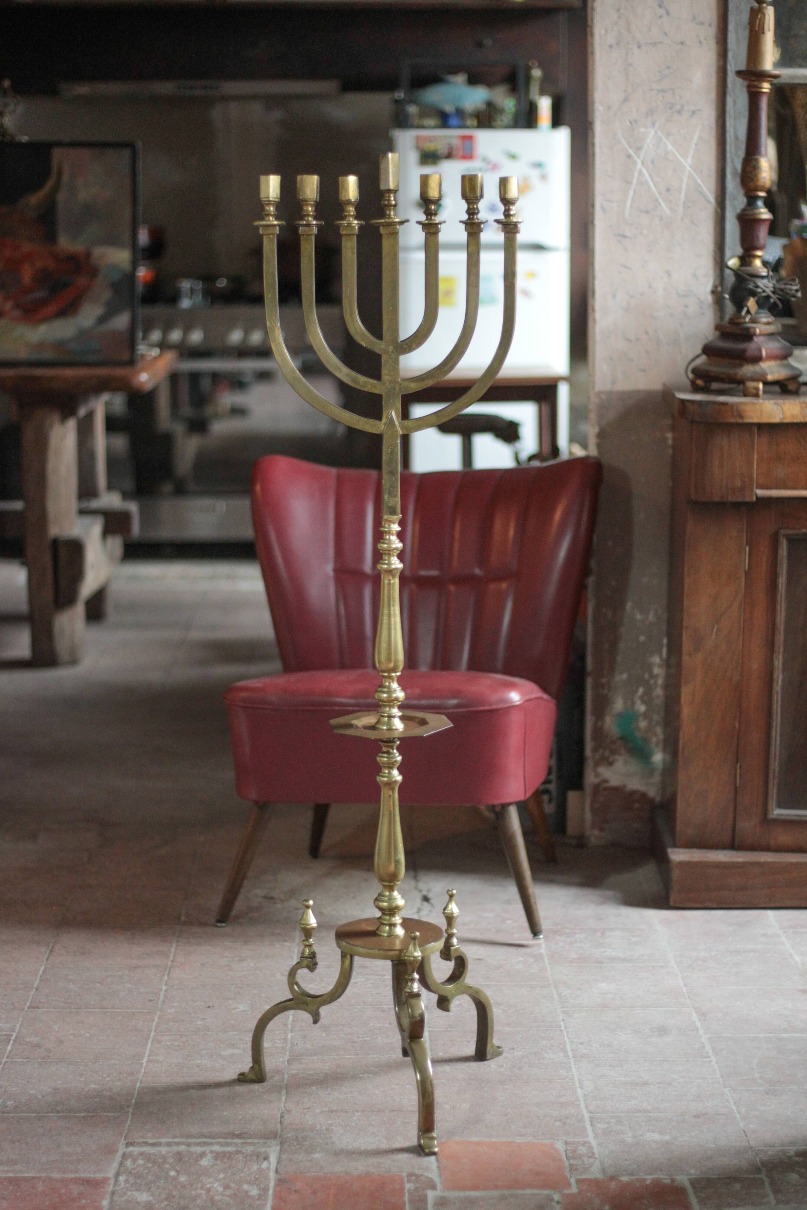 Golden bronze chandelier with seven arms, Menorah, candlestick on a stand, candelabrum.