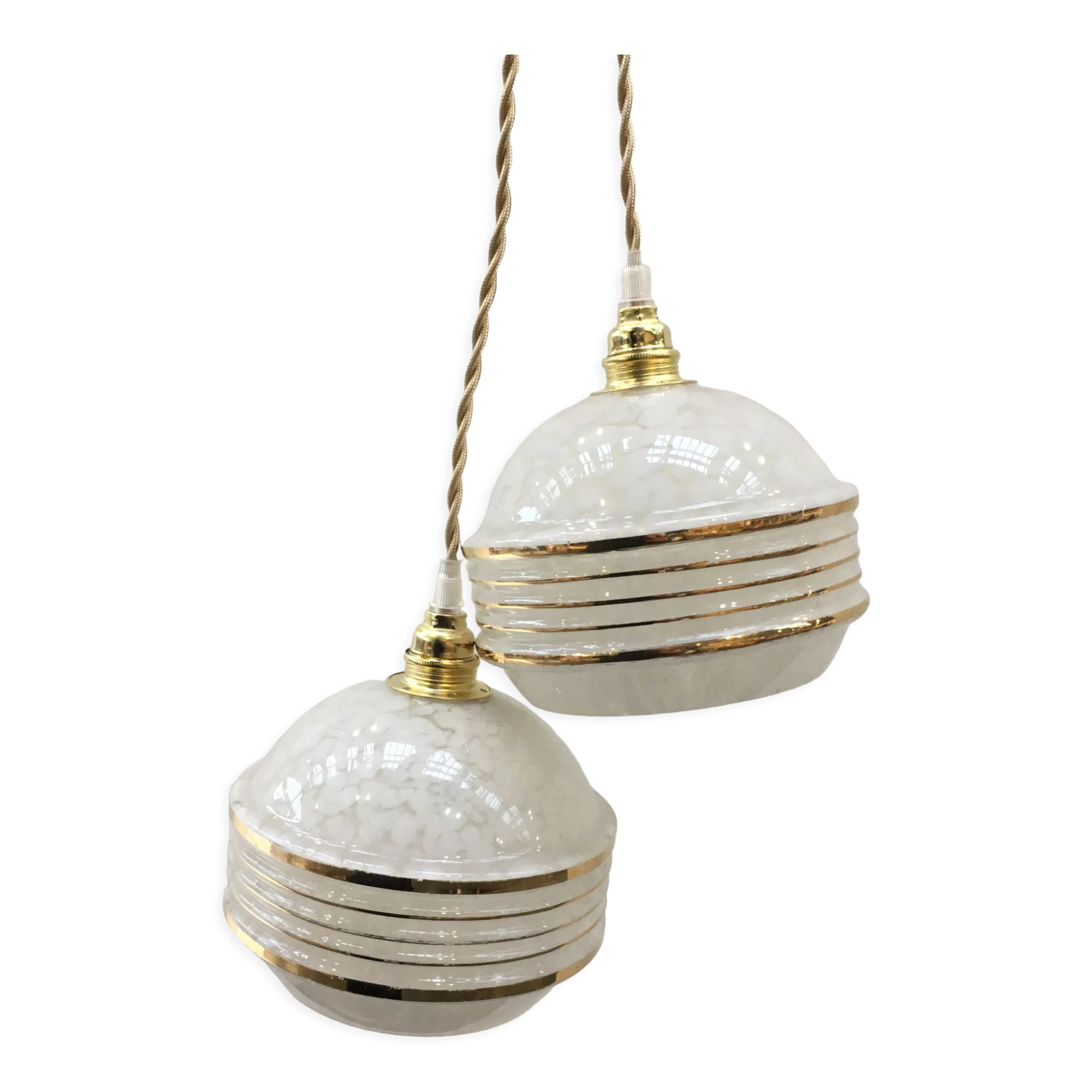 Pair of Art Deco ball suspensions in white Clichy glass