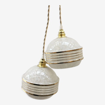 Pair of Art Deco ball suspensions in white Clichy glass
