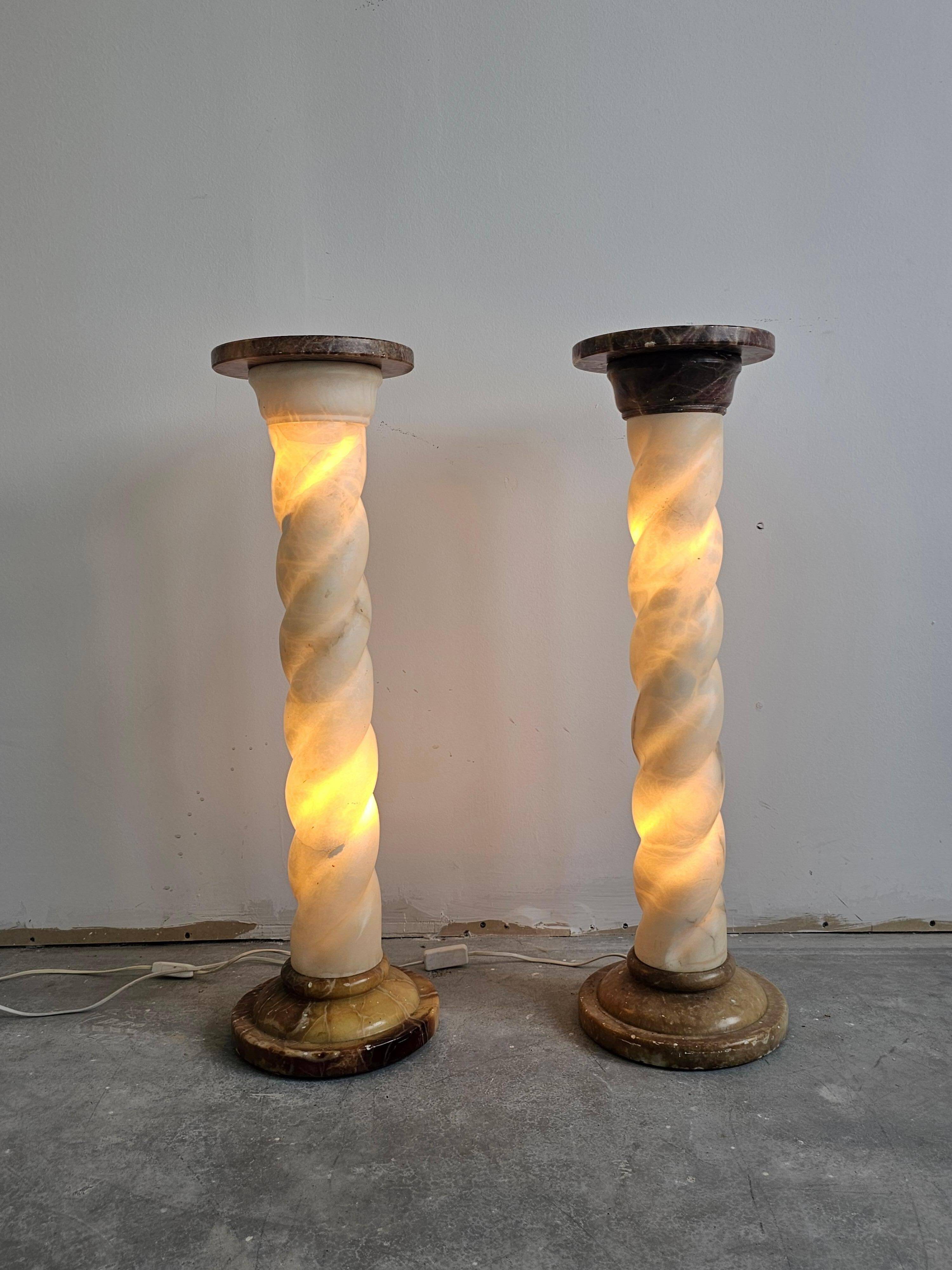 Pair of twisted column floor lamps in alabaster and marble, 1960