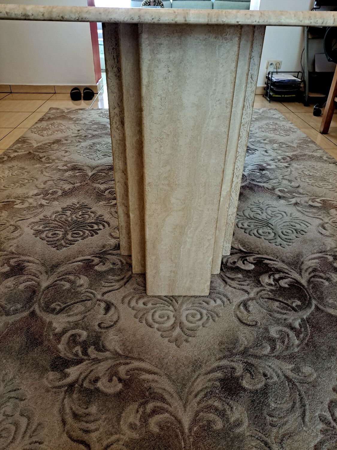 Travertine dining table.