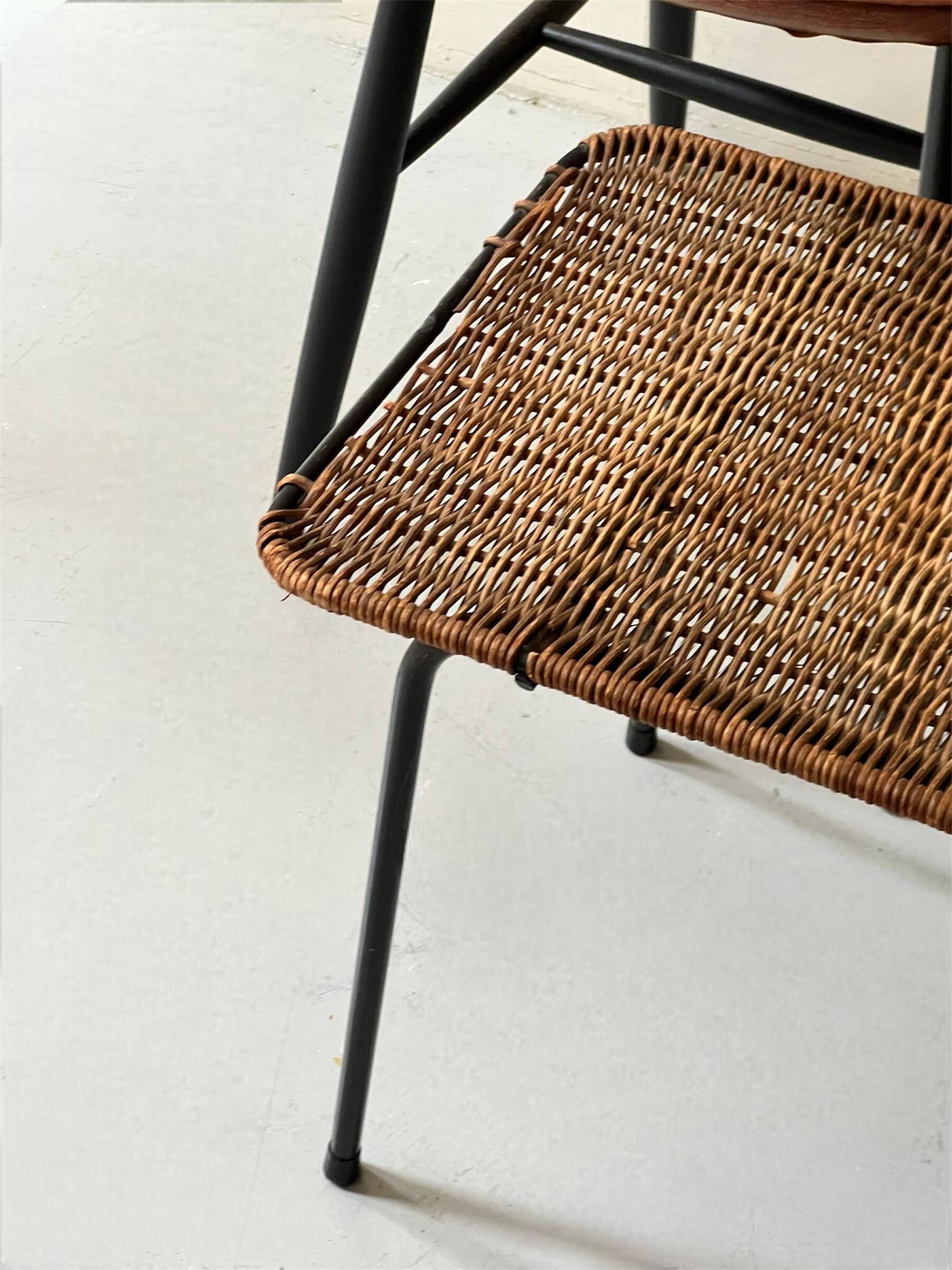 vintage black metal and wicker coffee table, 1950s