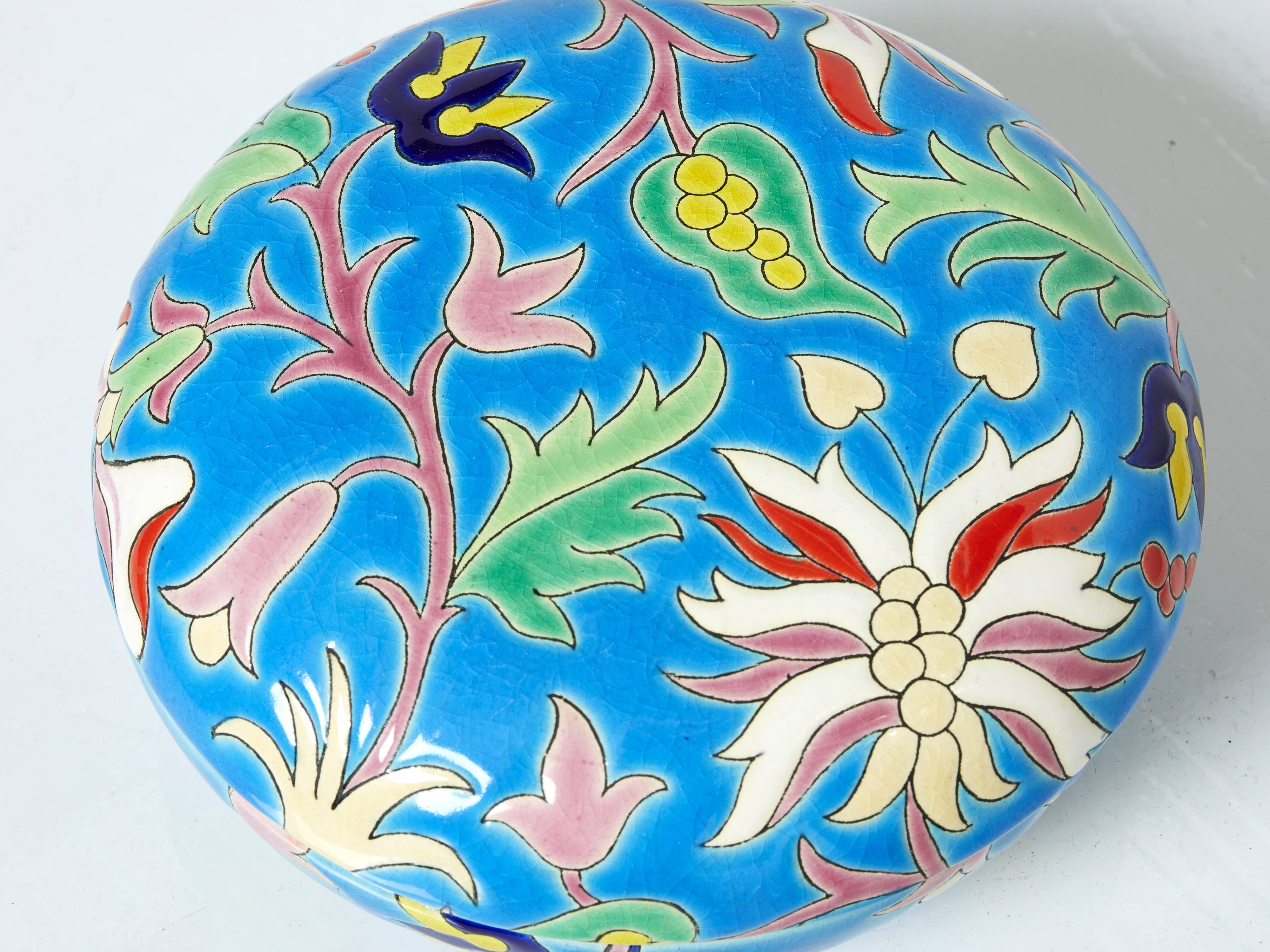 Large round box turquoise blue Art Deco Emaux de Longwy 1950