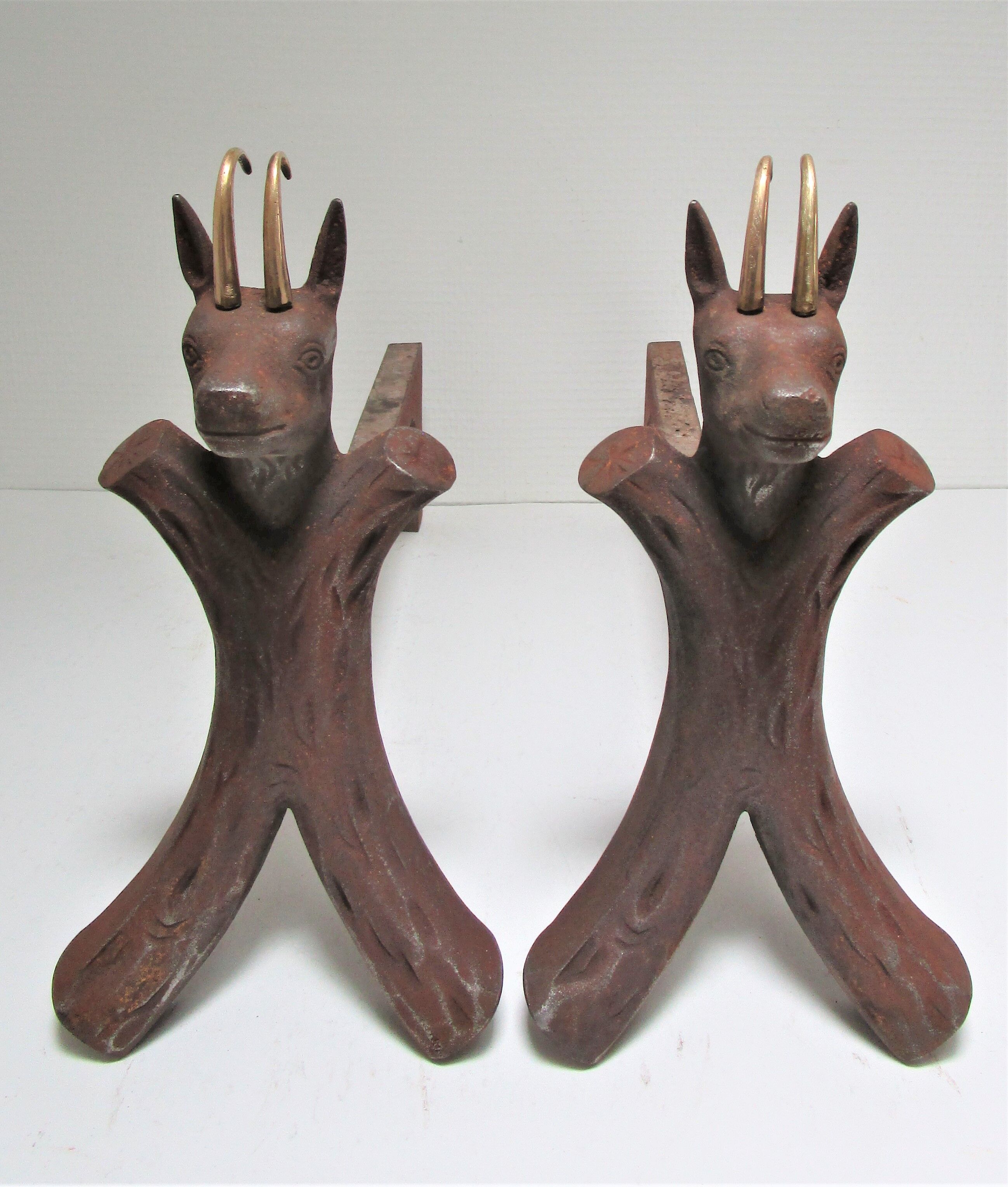 pair of zoomorphic chenets cast iron brass vintage buff