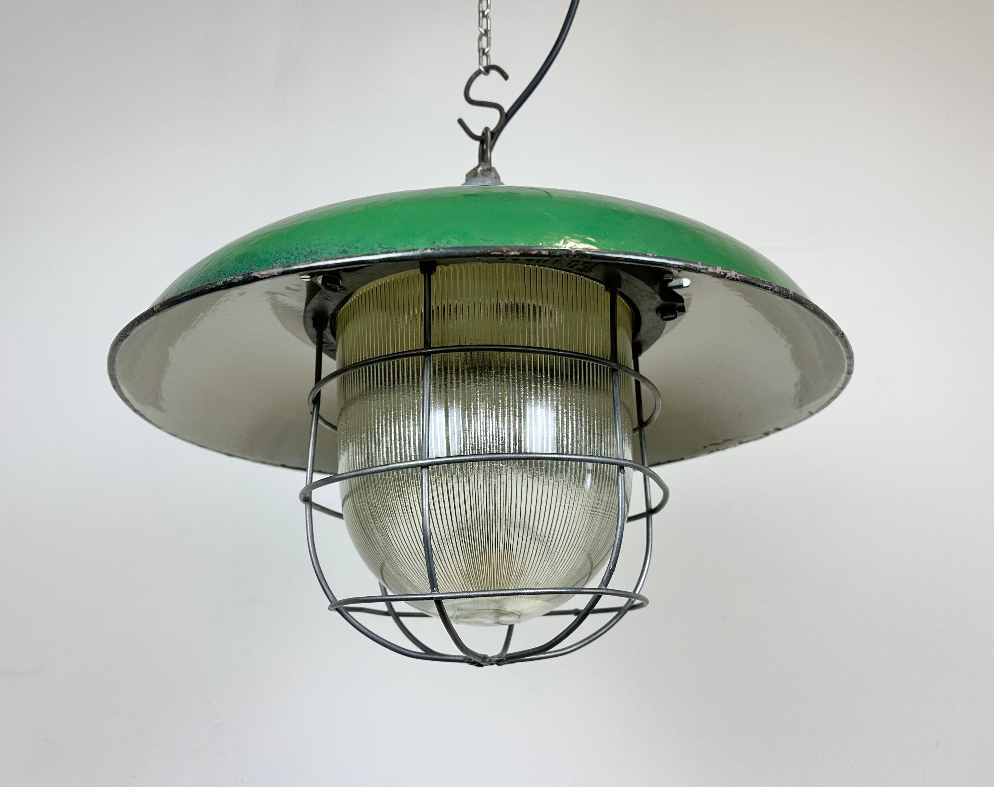 Industrial Green Enamel Factory Cage Pendant Lamp in Cast Iron from Zaos, 1960s