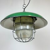 Industrial Green Enamel Factory Cage Pendant Lamp in Cast Iron from Zaos, 1960s