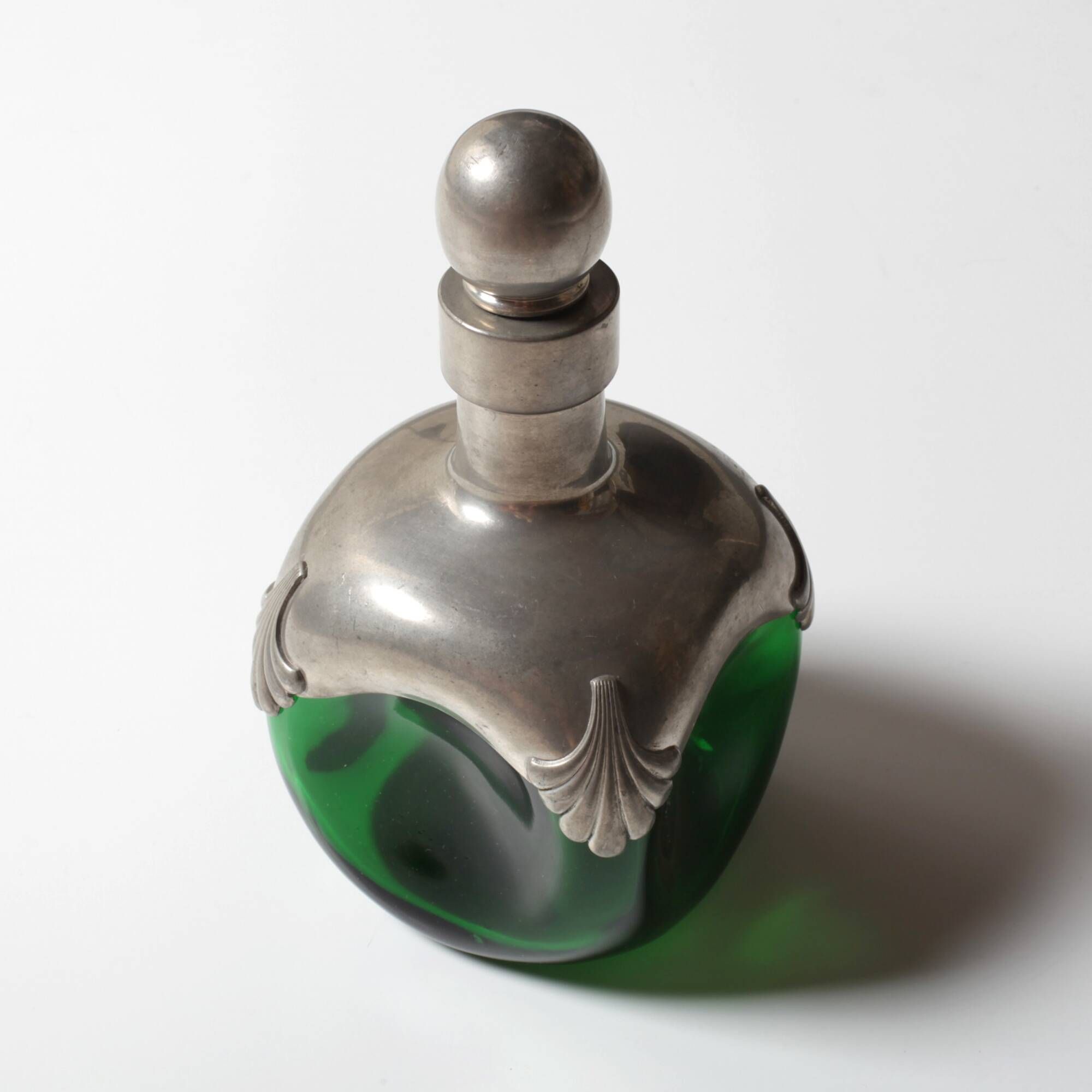 Art Nouveau Green Glass Decanter with Pewter Elements / France / 1960s