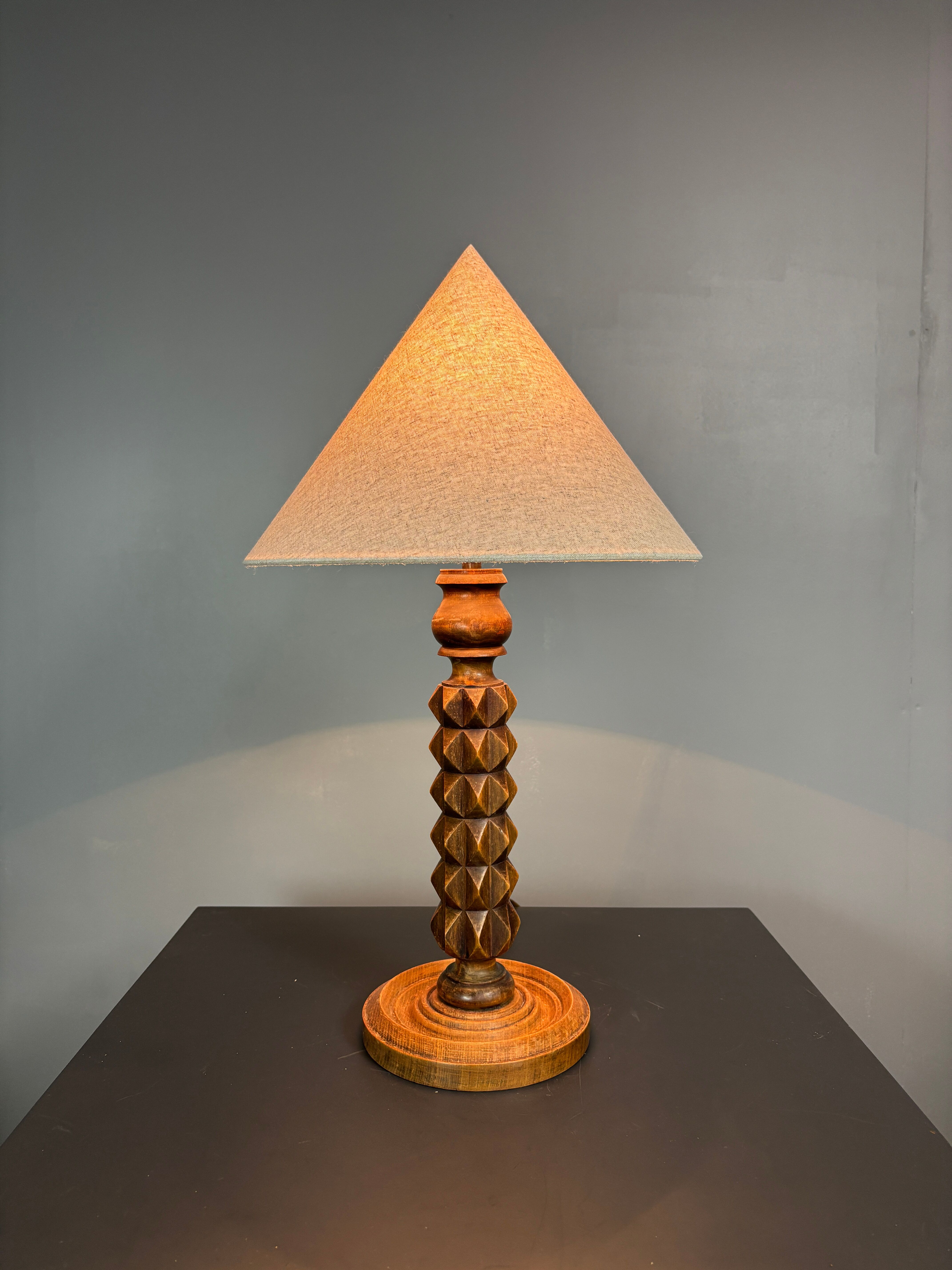 Brutalist Wood Turned Table Lamp in the style of Charles Dudouyt, 1950s