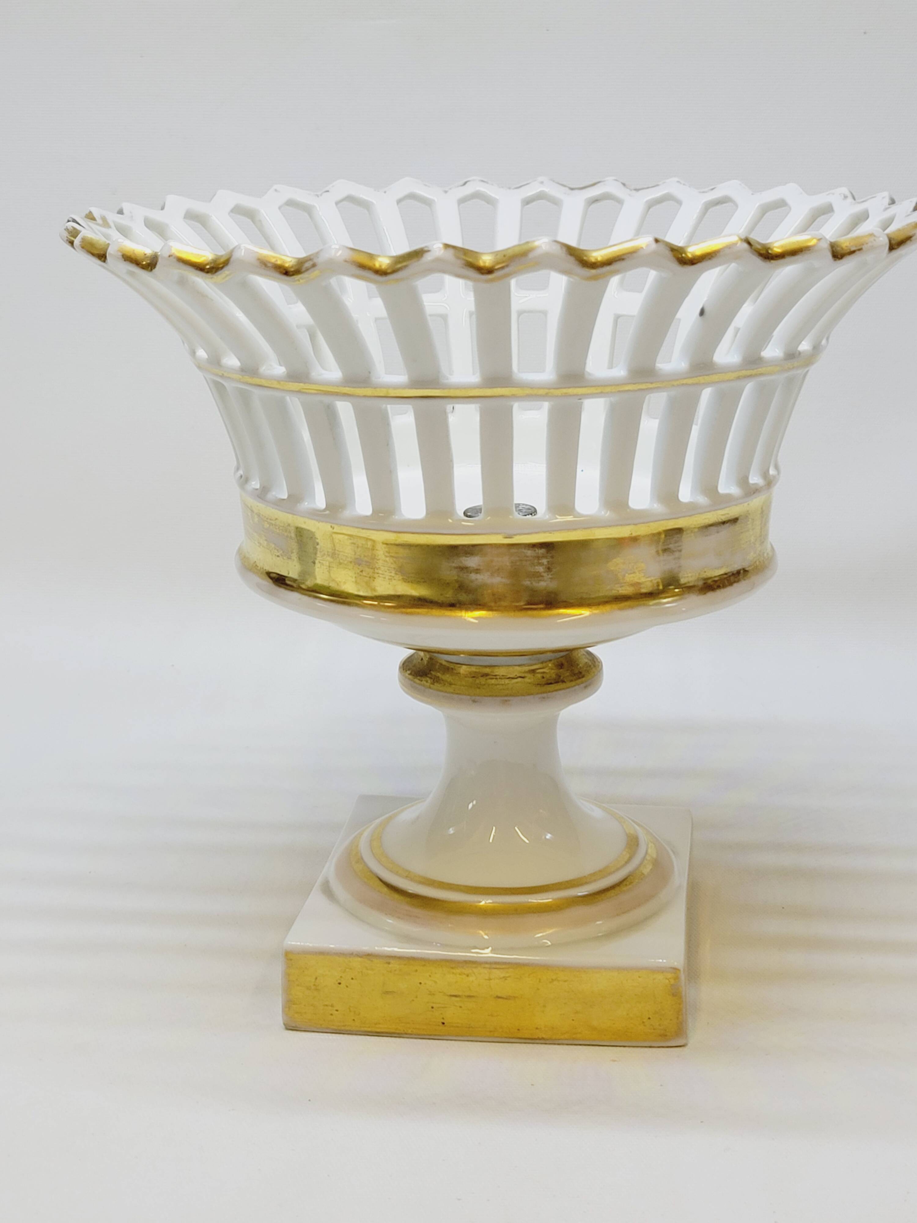 Bowl on Pedestal Openwork Basket White and Gold Porcelain Restoration E