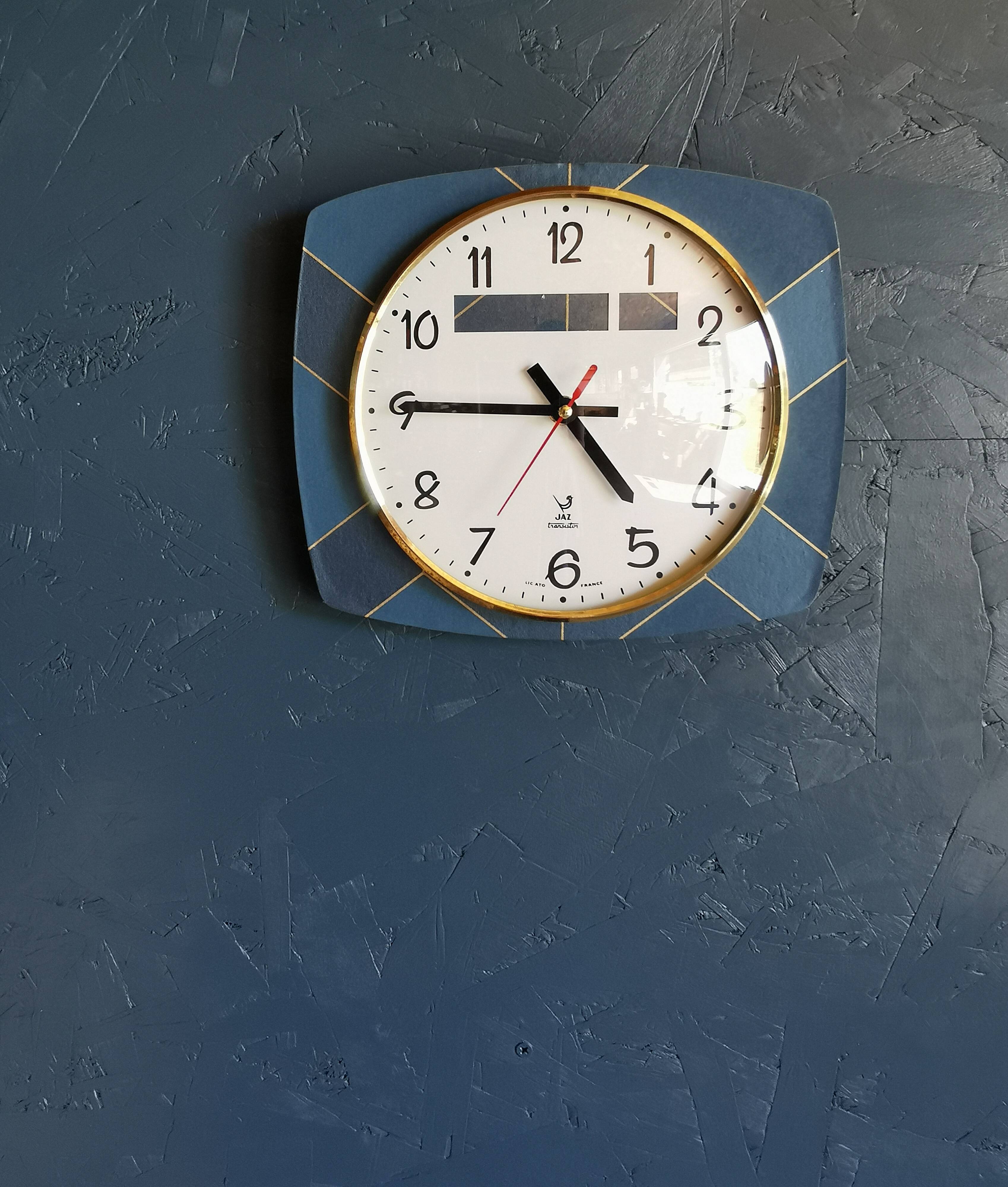 Vintage formica clock rectangular silent wall clock "Jaz golden blue"
