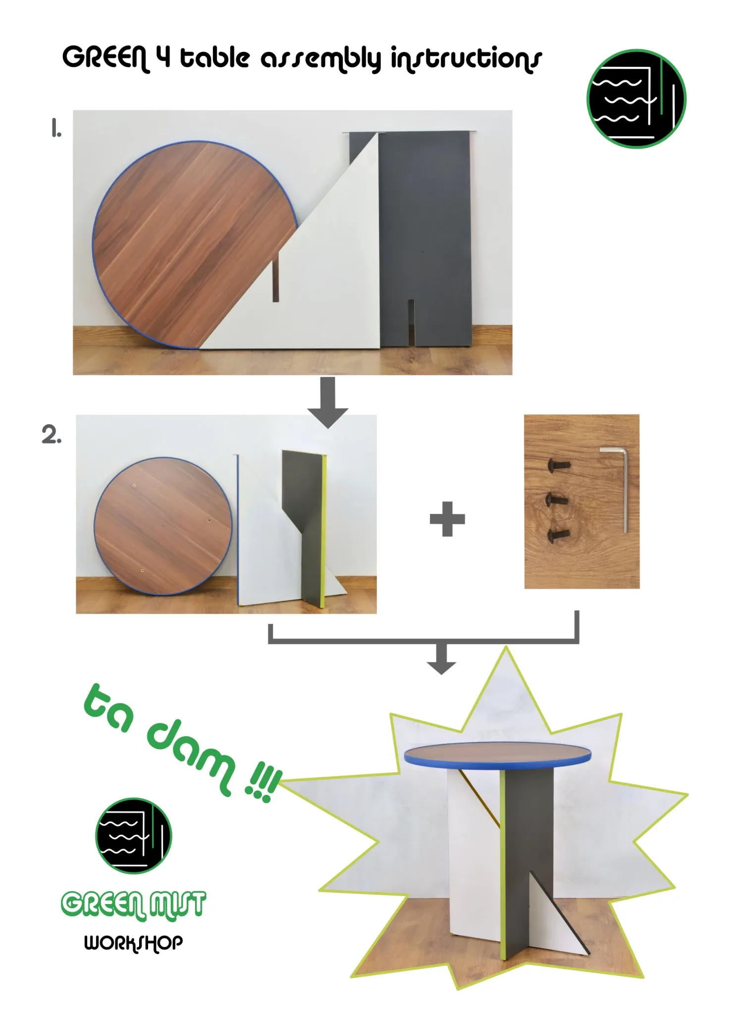 Handmade coffee table for self-assembly, made from recycled materials.