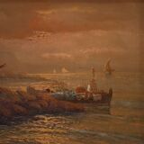 Seascape painting signed by Remo Testa, fishermen at sunset