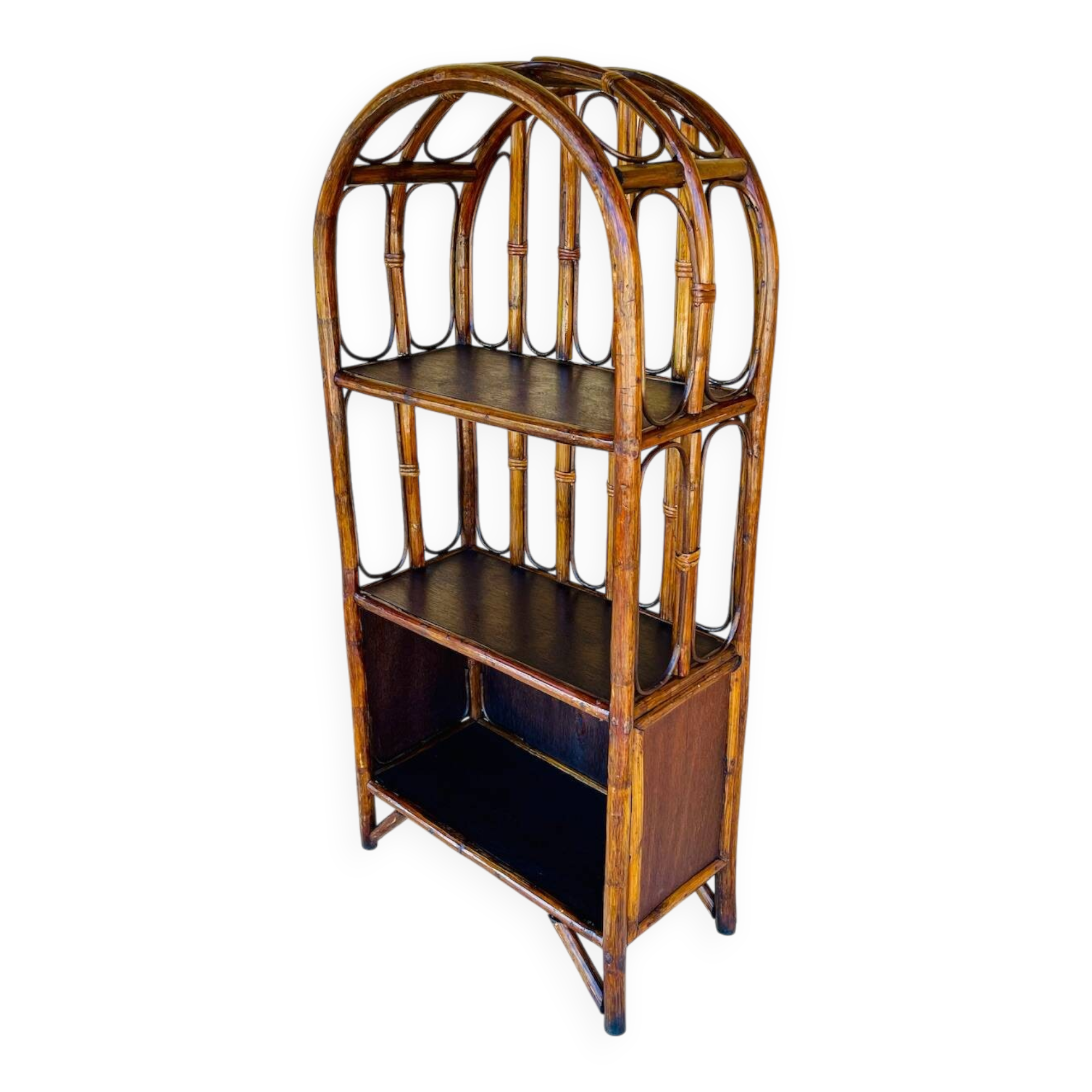 Vintage two-tier bamboo and rattan shelf with storage, Circa 1960