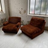 Pair 70s brown velvet armchairs