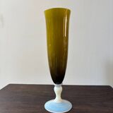 Vase en verre vert Empoli pied bianco latte vintage