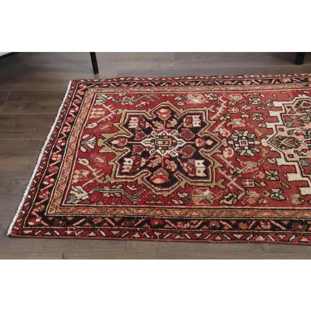 1970s Vintage Turkish Oushak Handmade Wool Cotton Red Runner Rug 101x305