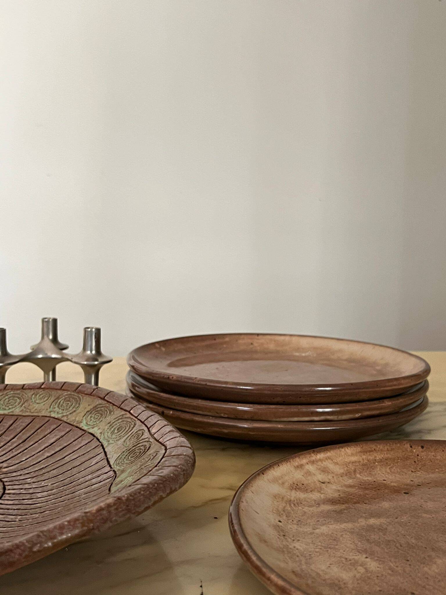 Ceramic service 4 large plates in enamelled stoneware, vallauris 1950