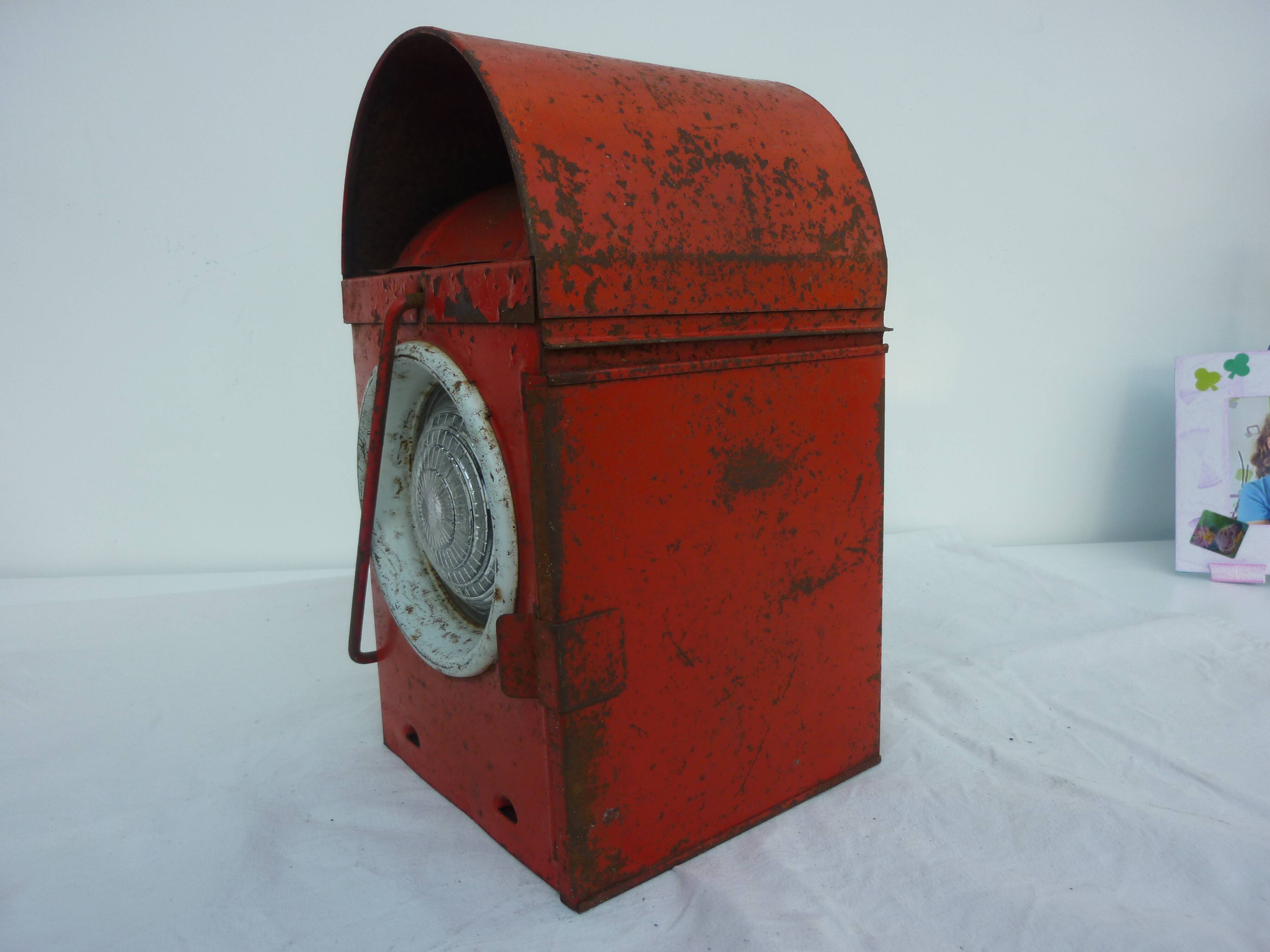 Ancient railway lantern Denmark, station, train, red enamelled sheet metal