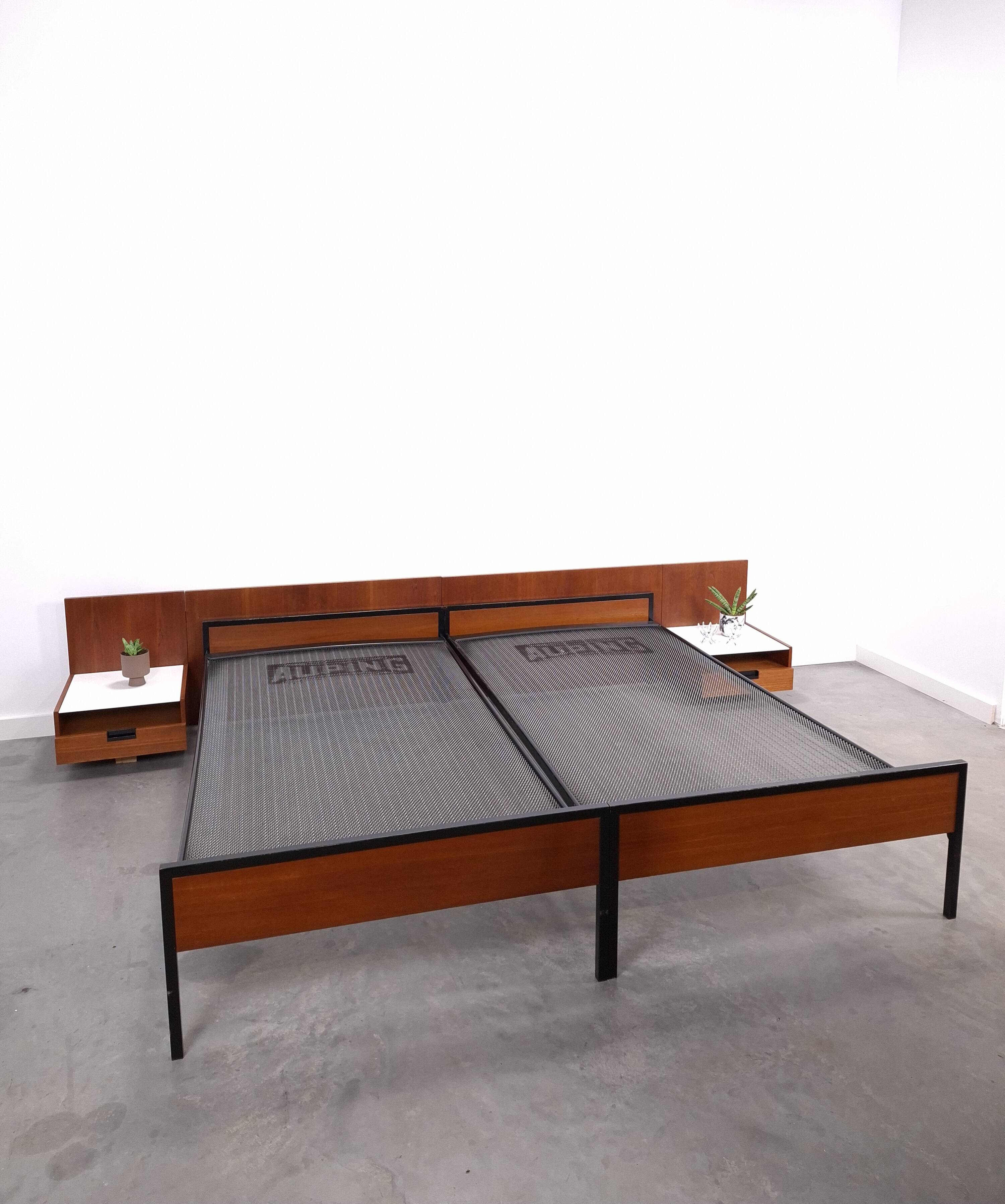 Two-person bed Japanese series Cees Braakman Pastoe and Auping with bedside table.