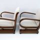 Pair of Art Dèco Italian Walnut and Velvet Armchairs and Two Ottomans, 1920