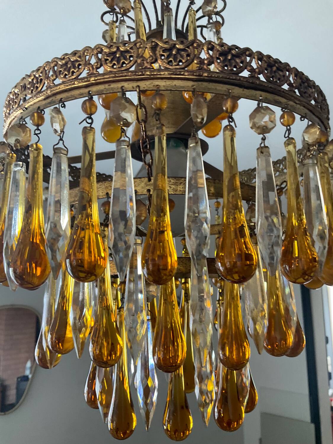 Vintage chandeliers with amber glass tassels and drops