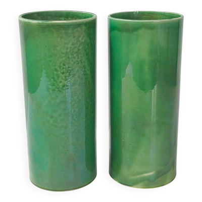Paire de vases rouleau vintage 1950 ceramique verte signee 50s 1950s