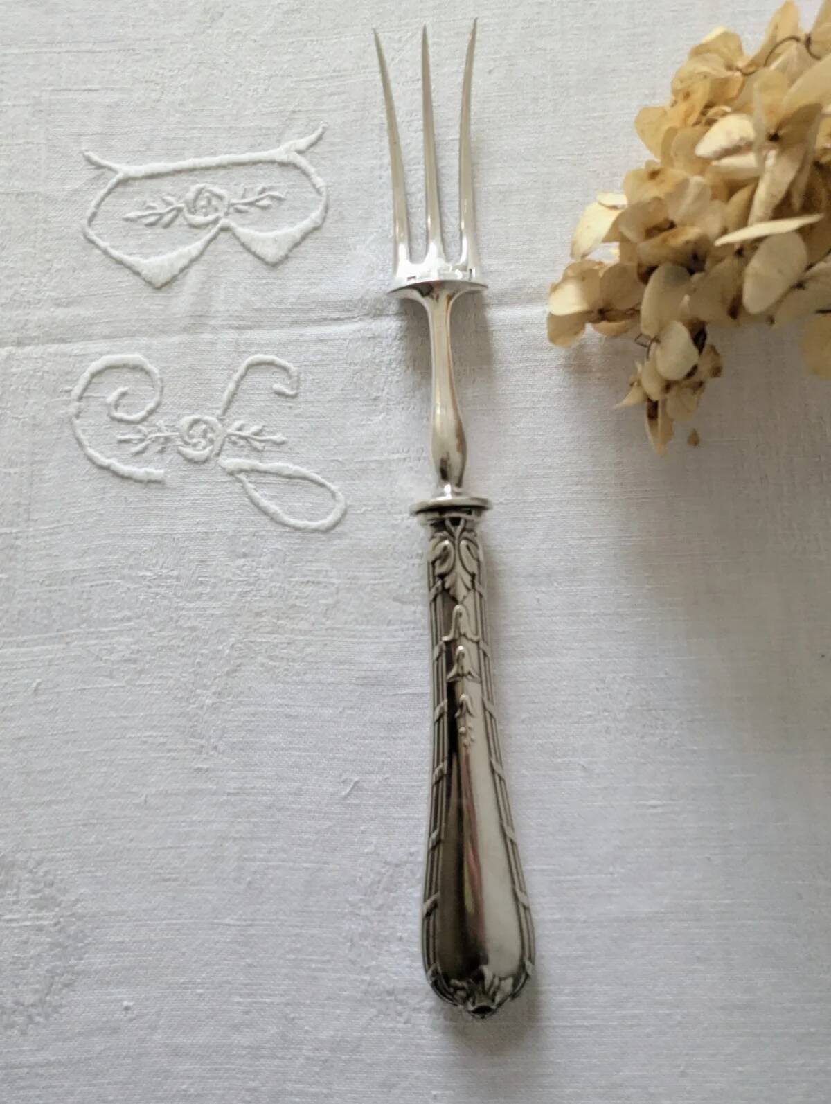 Large antique Christofle serving fork, 30 cm, silver-plated