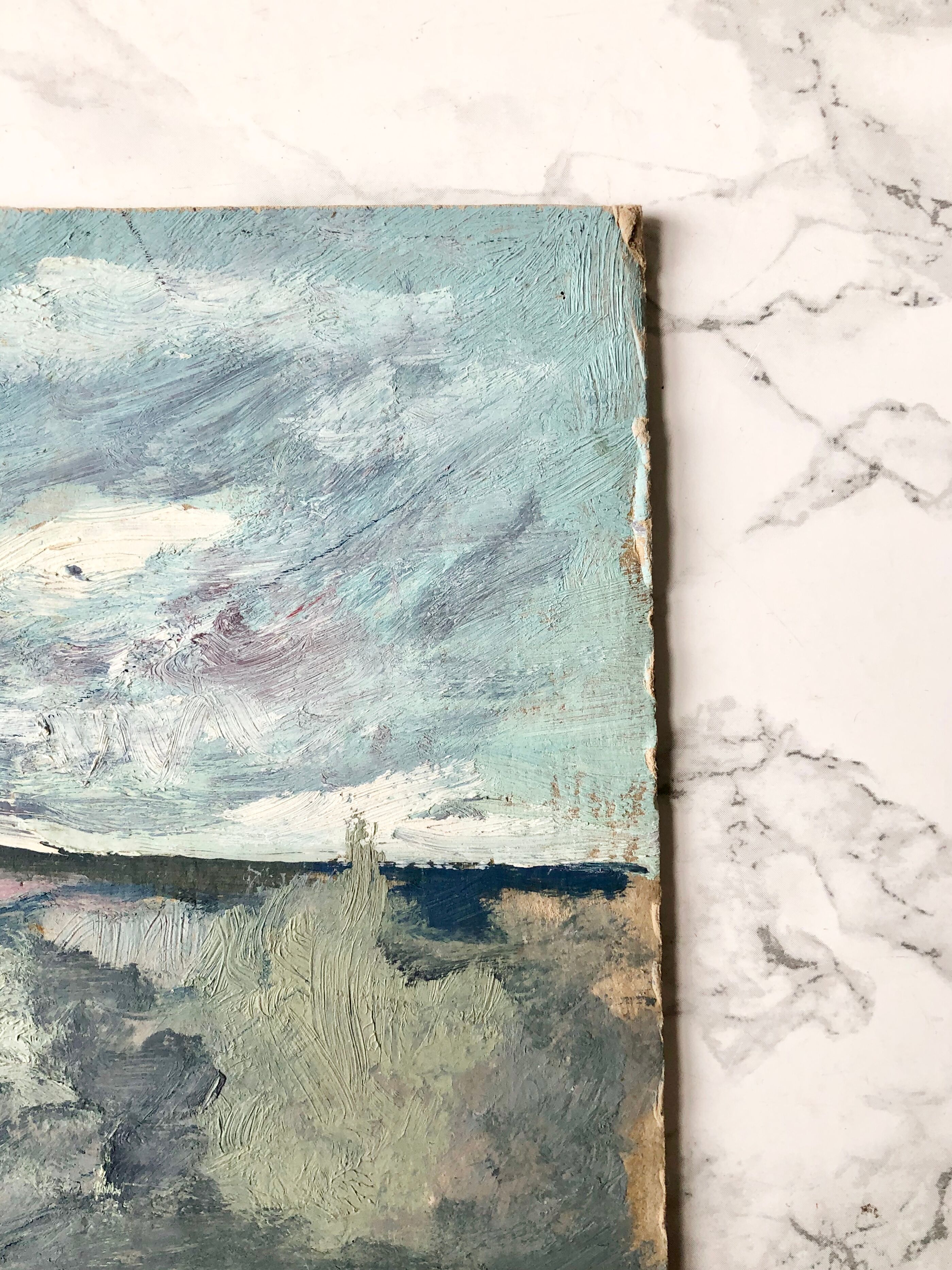 Ancient oil painting on French cardboard depicting landscapes - Recto-verso