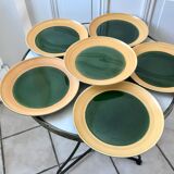Set of 6 flat plates in green enamel ceramic salins model "capvern" years 60-70