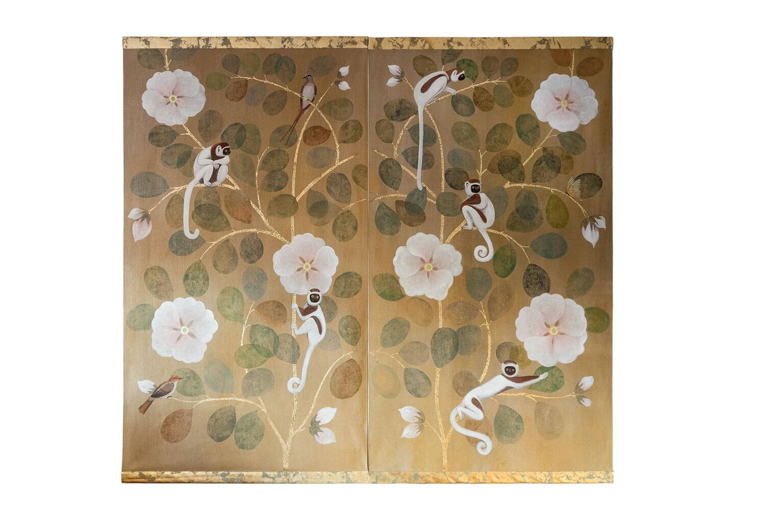 Toile peinte représentant des lémuriens. Travail contemporain.