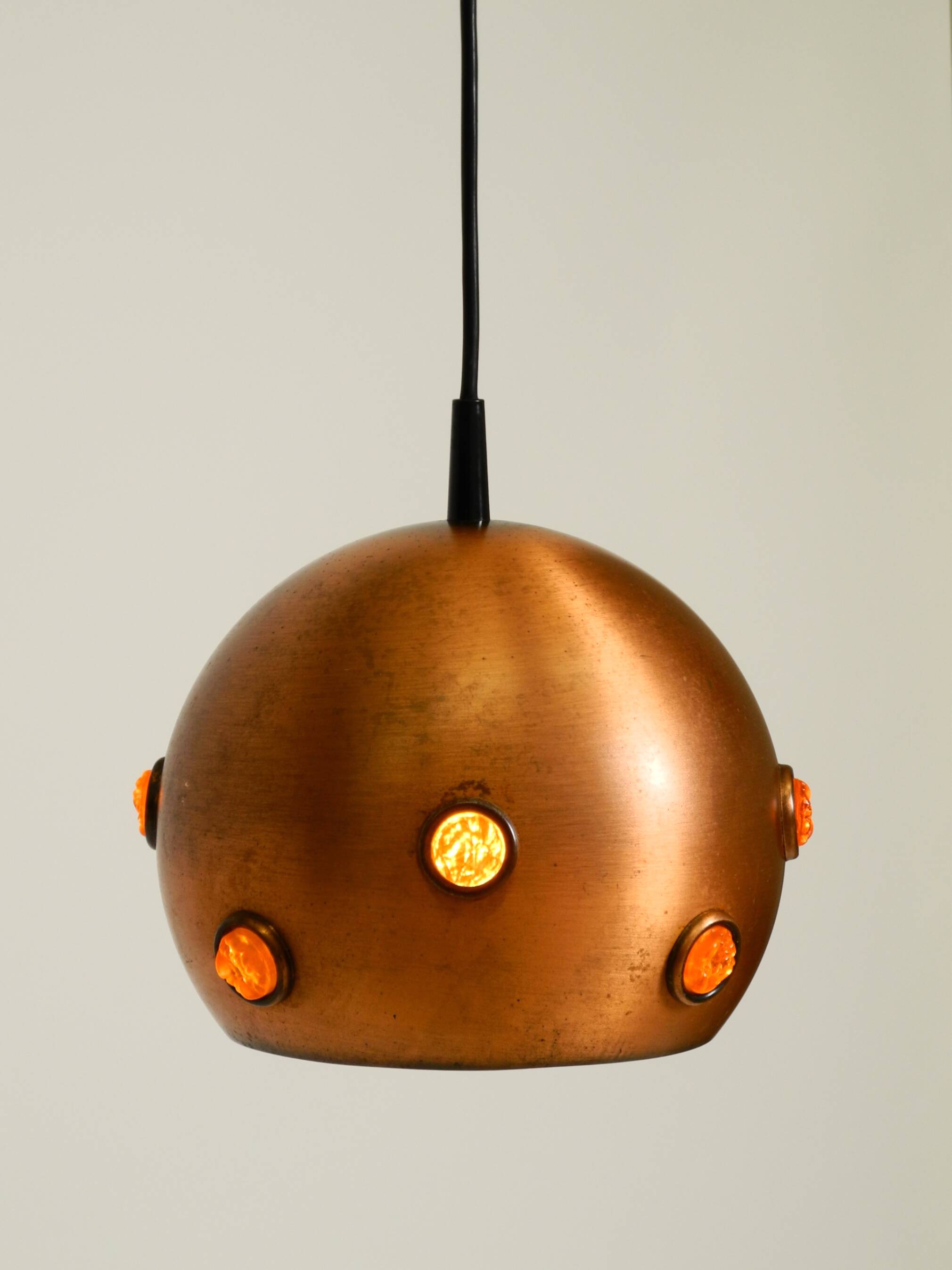 Original 1960s solid copper pendant lamp with orange synthetic glass stones